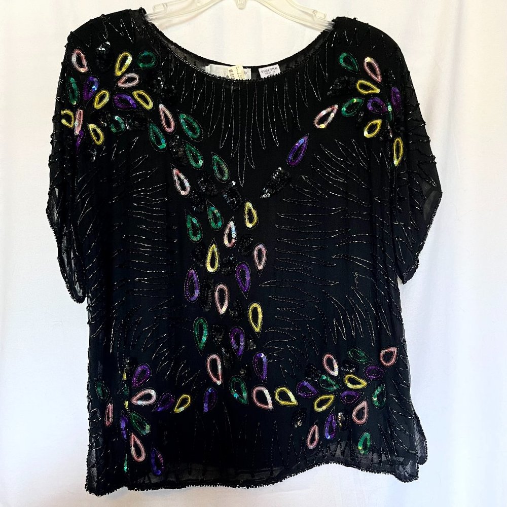 100% Silk Sequin Beaded Black Special Occasion Top by Jennifer Size L